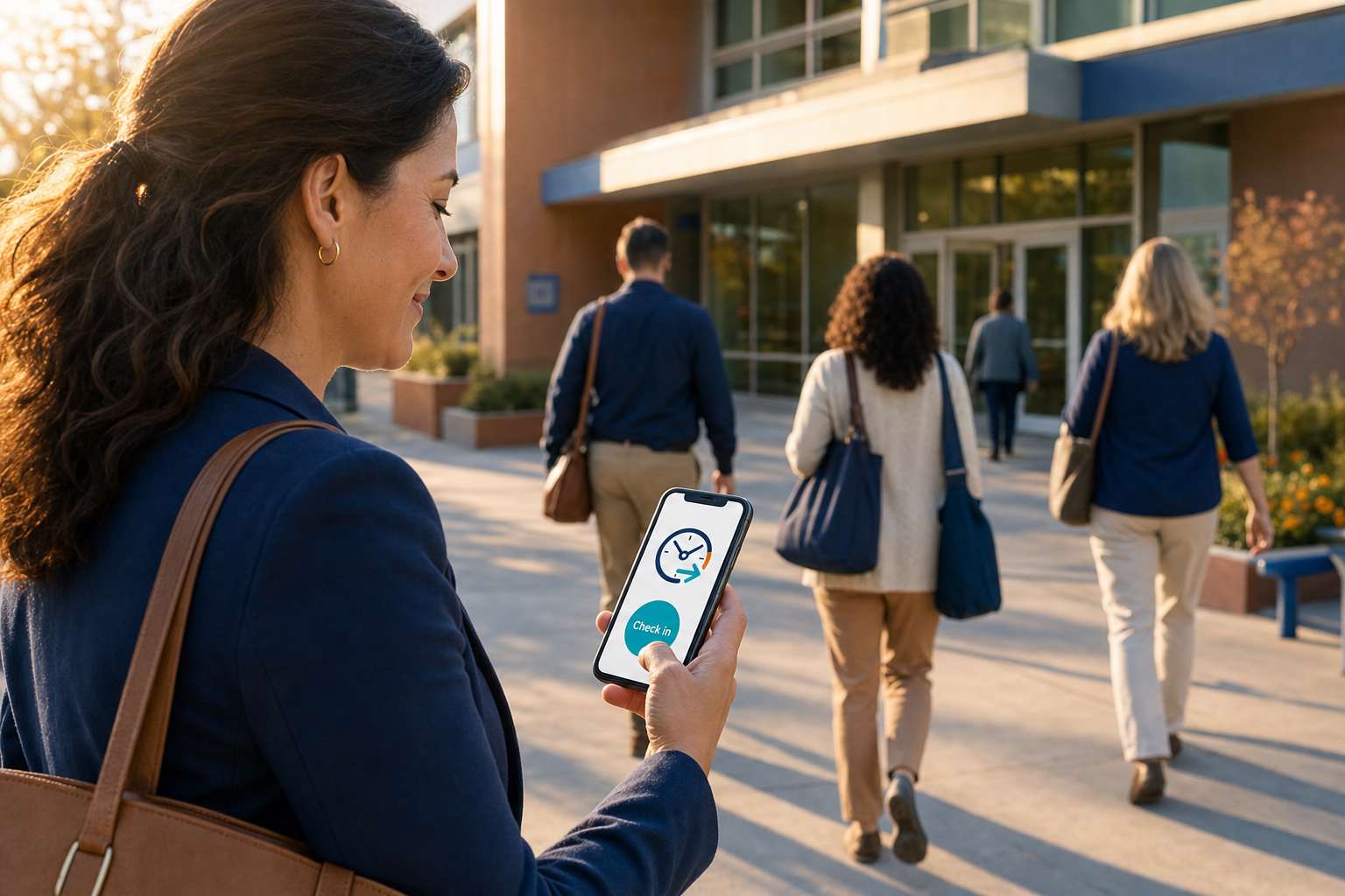 Le personnel arrive dans une école avec Arignote Timeclock