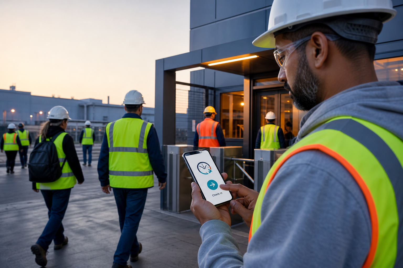 Employés qui se rendent sur un site industriel en mode kiosque